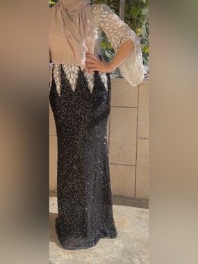 Black Sequin Evening Gown with Silver Embellished Detail
